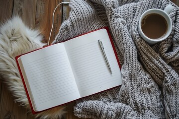 Flat lay of open notebook, coffee mug, pen, and wireless headphones, productivity vibe.