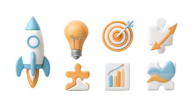 3D Rendered Startup Icons Rocket Lightbulb Target Growth and Puzzle Pieces.