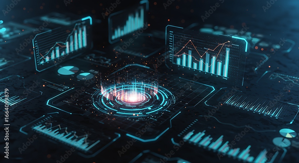 Poster a complex network of digital displays, showcasing numerous graphs and charts, creates a futuristic a