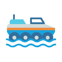 Stylized illustration of a amphibious all-terrain vehicle navigating water against a dark background