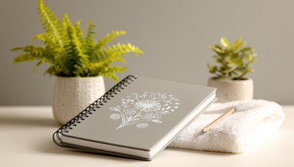 A gray spiral notebook with a floral design rests on a white surface, flanked by small potted plants and a folded towel.  A pencil lies nearby