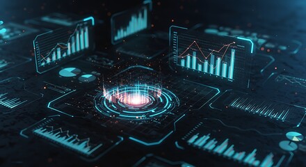 A complex network of digital displays, showcasing numerous graphs and charts, creates a futuristic and dynamic visual presentation of data analysis.