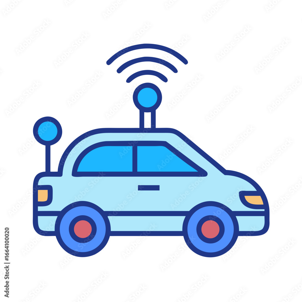 Poster stylized icon depicting autonomous vehicle with sensors and connectivity on a black background