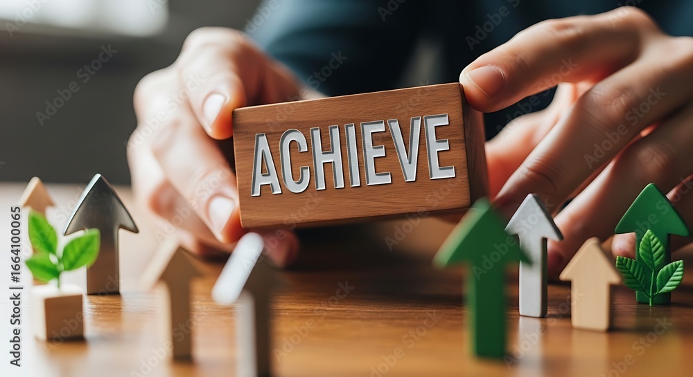 Poster hands hold a wooden block displaying the word 