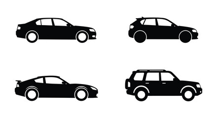 Four black silhouettes of different cars on a white background