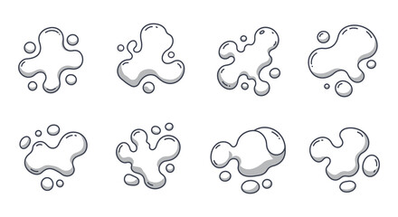 A set of eight gray liquid splashes on a white background