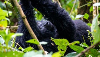 Obraz premium A young mountain gorilla, with rich, dark fur, is nestled within a dense, vibrant jungle canopy.