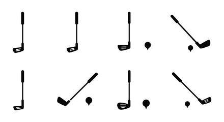 Golf clubs in various positions and angles on white background