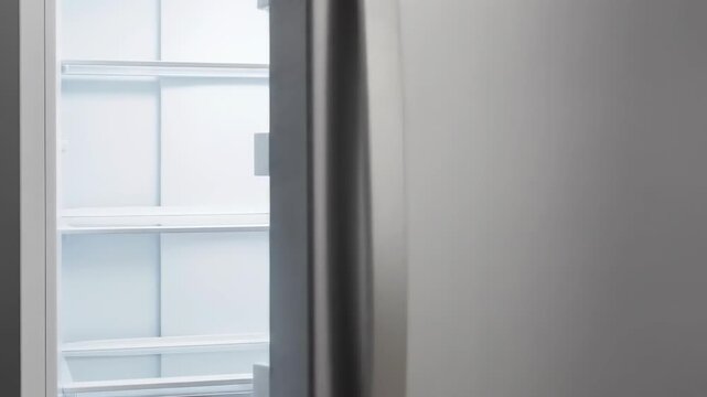 A partially open, empty, bright-white refrigerator interior is visible through its slightly ajar door, revealing empty shelves and a crisper drawer.  The refrigerator's exterior is a matte grey