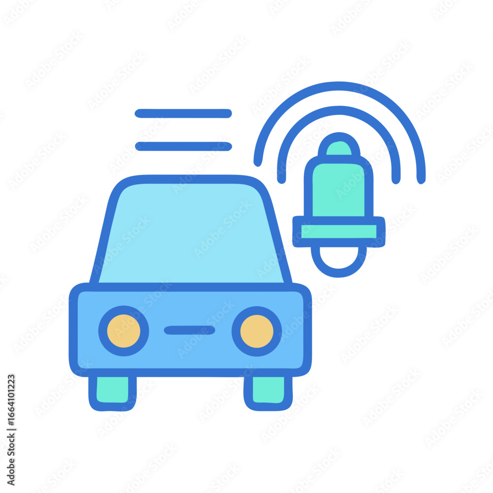 Poster stylized icon of autonomous vehicle receiving alert notification on a black background