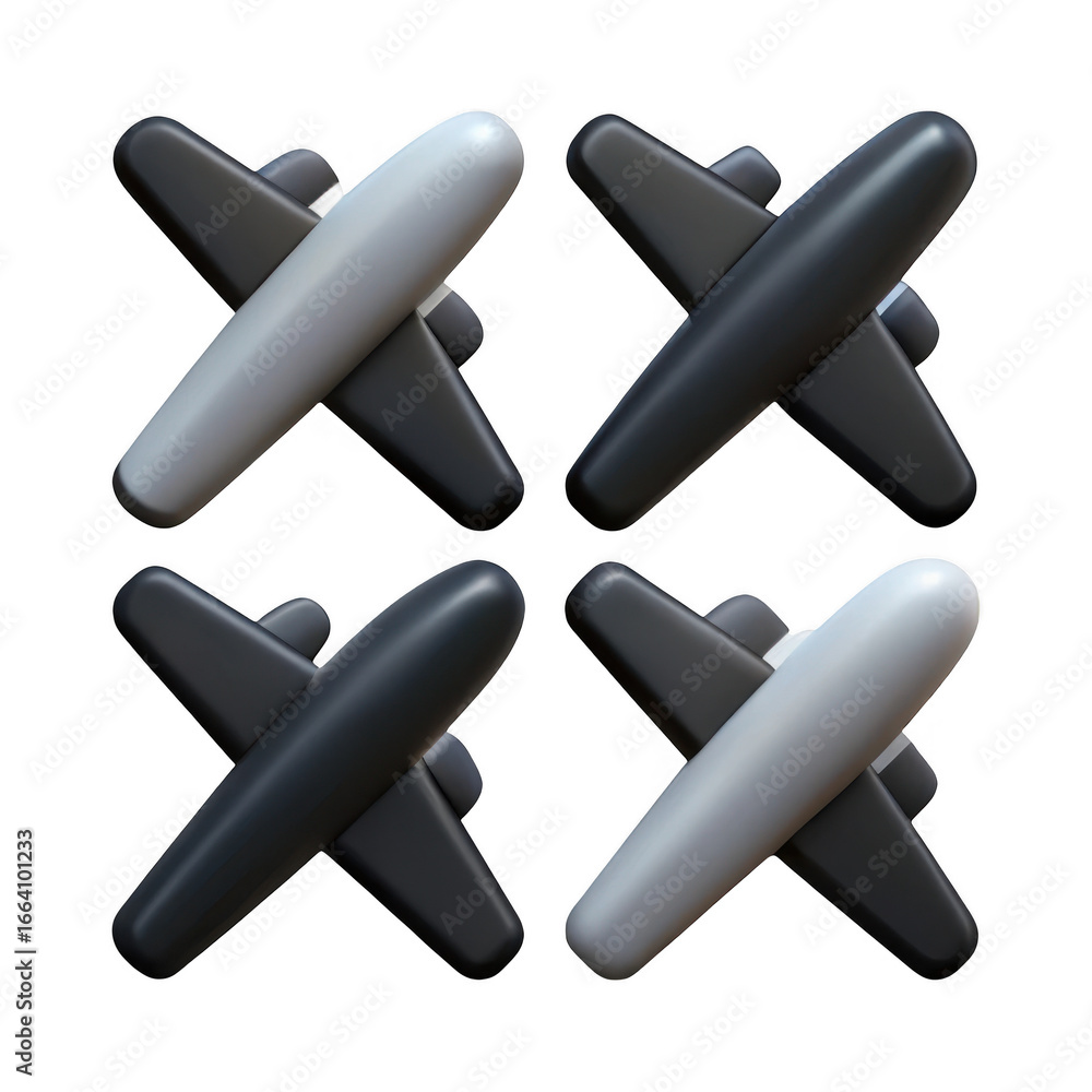 Poster four abstract crossed shapes in dark and light gray isolated on transparent background