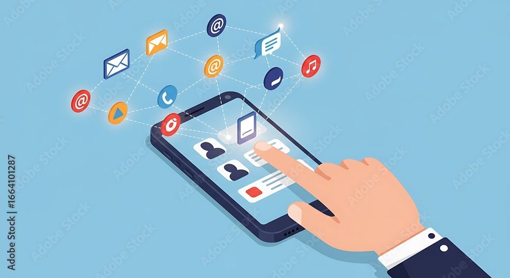 Poster a hand interacts with a modern smartphone displaying various communication applications in an interc