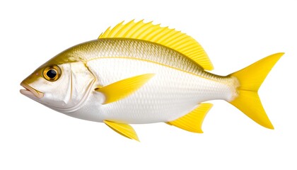 Fototapeta premium A profile view of a fish, displaying its pale white body and bright yellow fins against a plain white backdrop.