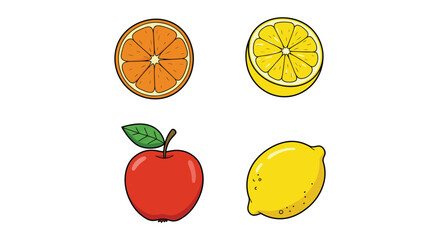 Colorful illustration of sliced and whole fruits on white background