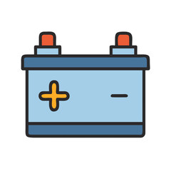 Isolated car battery icon featuring terminals, flat design on black background.