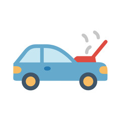 Flat design illustration of a broken down blue car with open hood