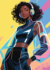 modern beautiful black woman wearing headset Illustrator Artwork design template poster