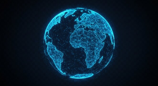 Dynamic glowing blue digital globe representing global network connections, data transfer, and worldwide communication in a modern style