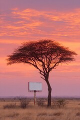 Fototapeta premium Empty billboard beside a lone tree at sunset.