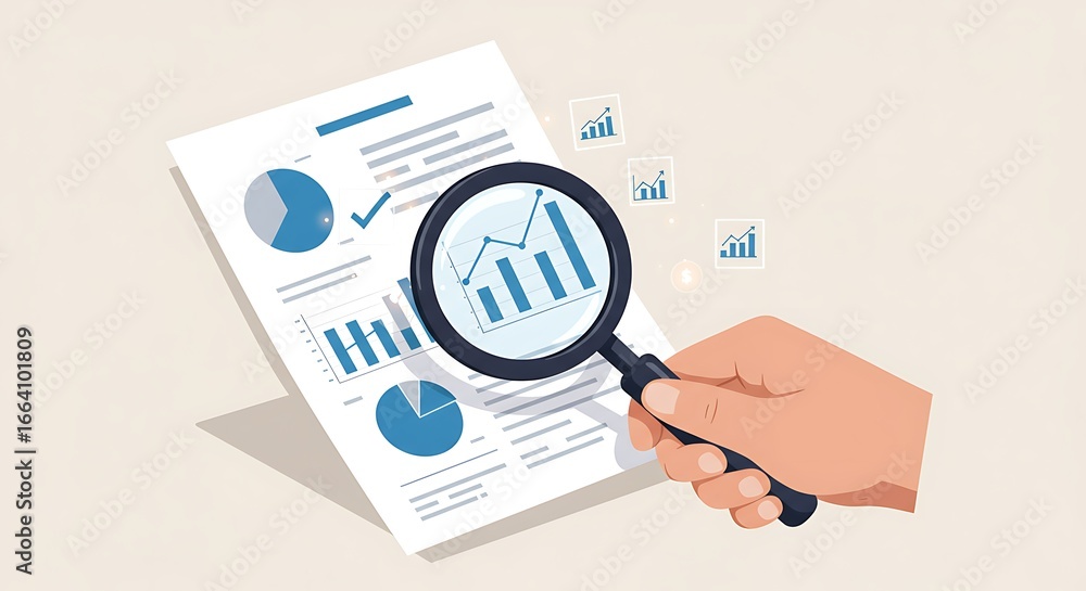Poster a hand holds a magnifying glass over a document showcasing various charts and graphs, highlighting a