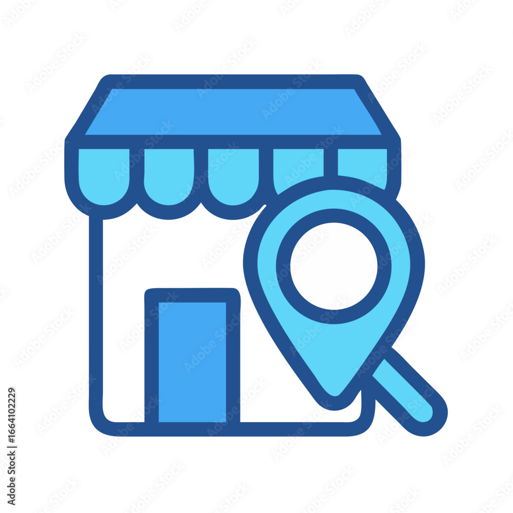 Poster blue store icon with location pointer on black backdrop