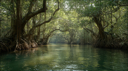 Fototapeta premium Lush mangrove forest with tall trees rooted in shallow, clear water, vibrant green foliage, calm water reflections, serene natural environment.