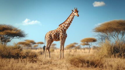 Obraz premium Full-body elegant giraffe standing against a natural backdrop under a bright, clear sky.