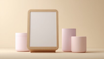 A minimalist, beige-toned scene features a blank wooden signboard flanked by three pastel pink cylindrical containers on a matching background