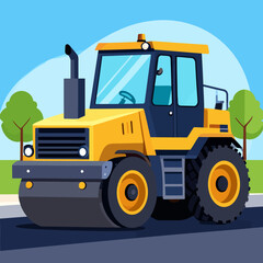 Fototapeta premium Bright yellow and dark blue road roller, heavy construction vehicle with large front drum and textured rear tires.