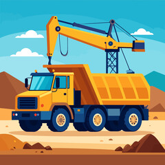 Yellow Dump Truck Being Loaded by a Crane, Construction Vehicle