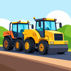 Fototapeta premium A yellow soil compactor and an orange tractor, heavy construction machinery illustration.