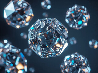 Geometric crystal shapes floating in dark space abstract
