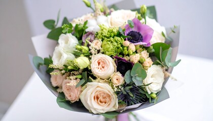 A lovely bouquet of pastel-colored flowers, including roses, anemones, and eustoma, arranged beautifully and presented on a light-colored surface.