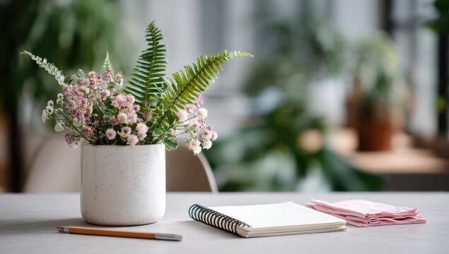 A minimalist workspace features a speckled white vase holding delicate pink flowers and ferns, alongside a blank notepad, pencil, and folded fabric. Soft natural light illuminates the scene