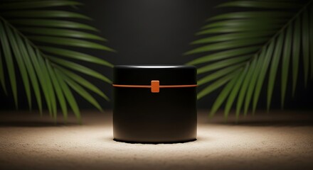 Elegant black tea canister with tropical leaf accents