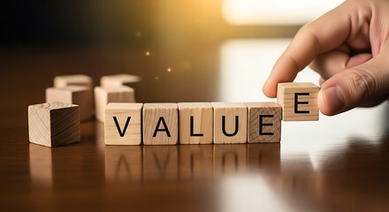 A hand carefully places the final letter "e" on a wooden block spelling out the word "value".