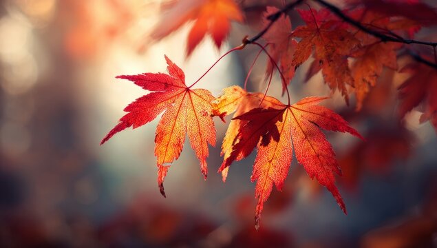 Vibrant Red Maple Leaves Hanging in Autumn Scene with Soft Backlight
