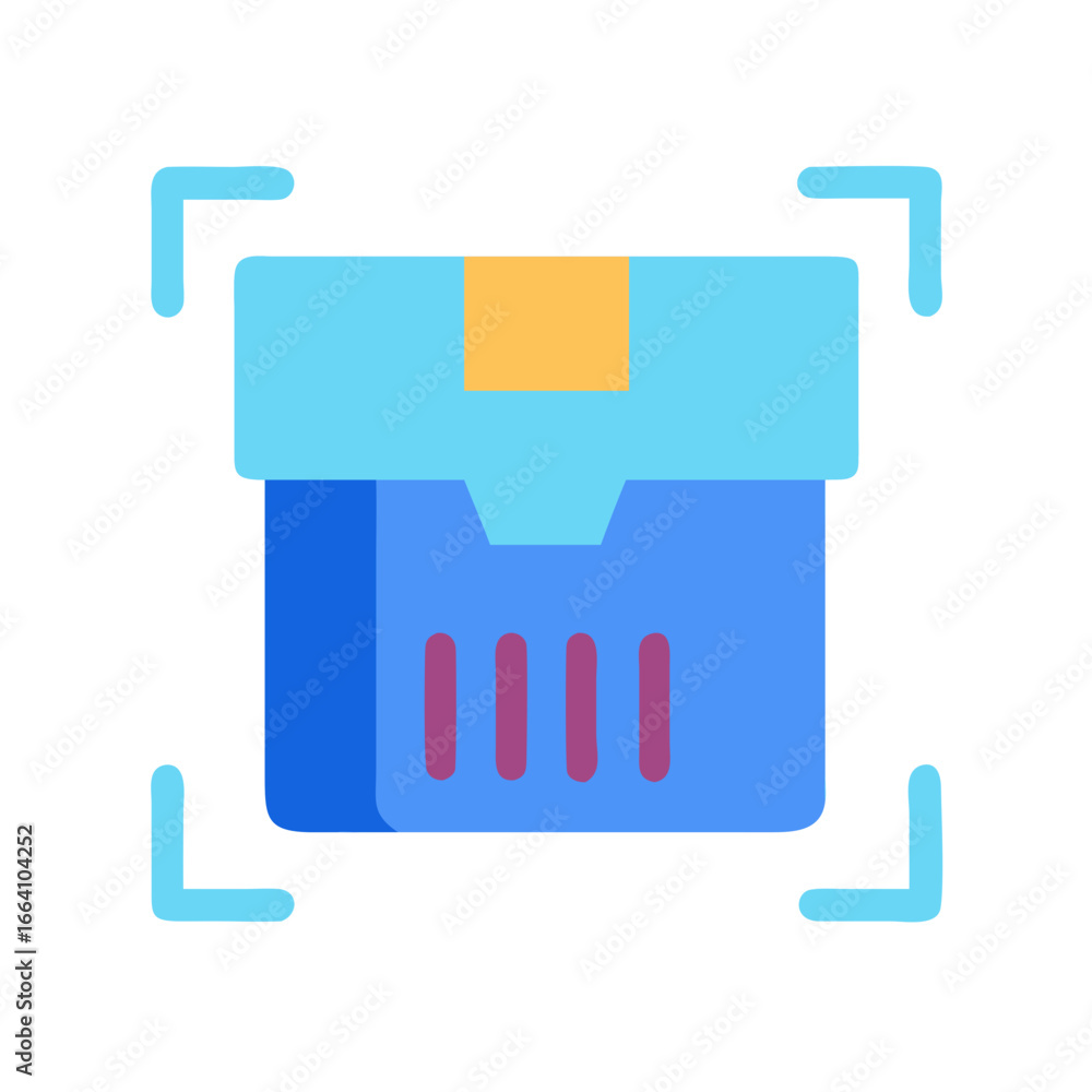 Poster stylized shipping box icon with scan border on black background