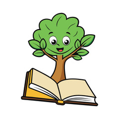 Smiling cartoon tree growing from an open book symbolizing education and nature
