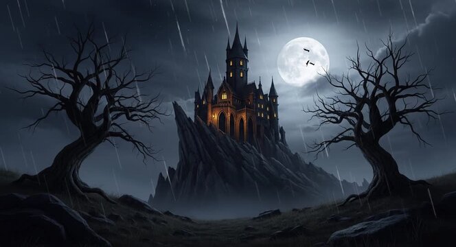 Spooky haunted castle on rocky hill under moonlight in mystical Halloween night atmosphere
Seamless looping, virtual video animation background. Generated AI	