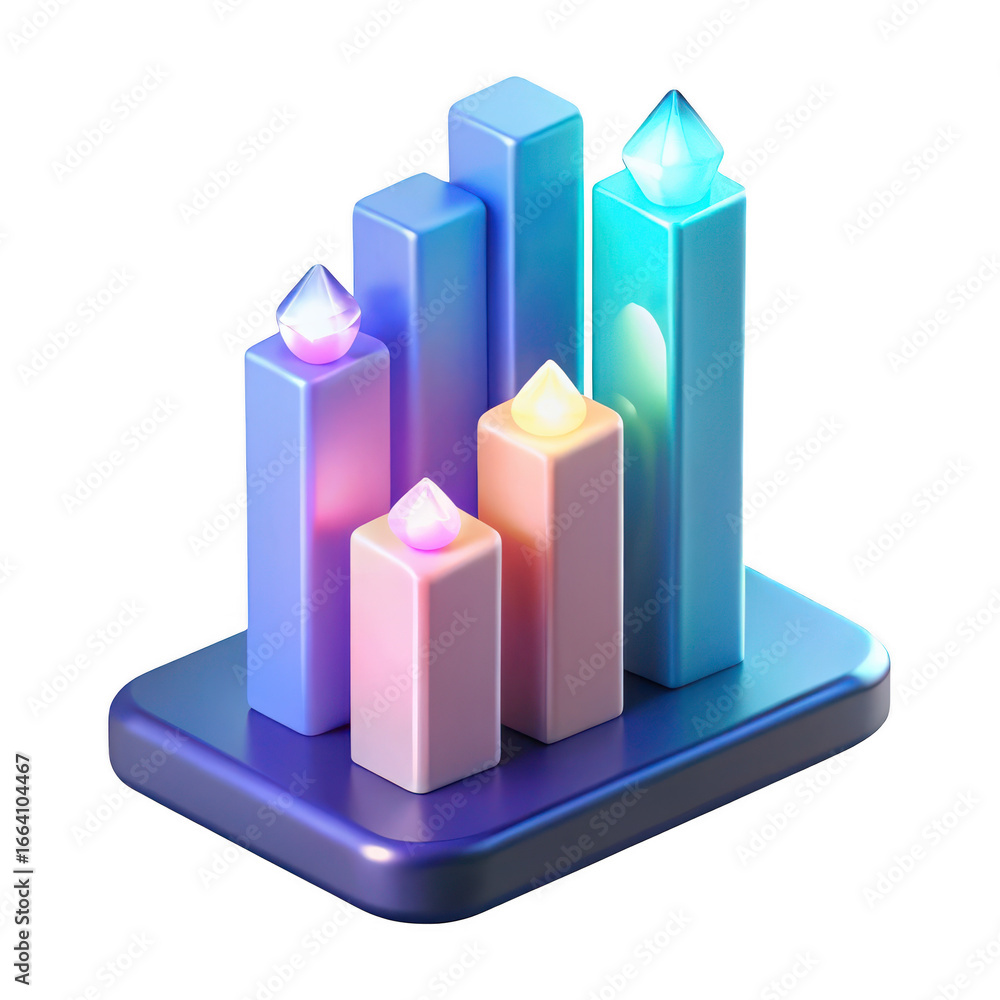 Poster abstract 3d isometric bar chart with glowing candle flames on top representing growth and success is