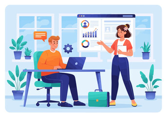 Vector art of two colleagues collaborating in an office setting, discussing business strategy and analyzing data on a computer screen with charts and graphs