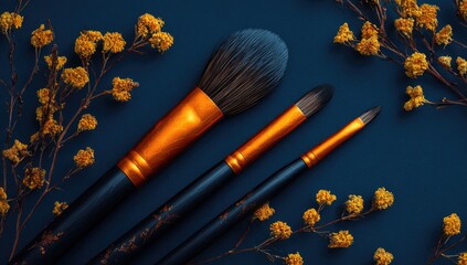 Makeup brushes arranged with wildflowers on dark blue background