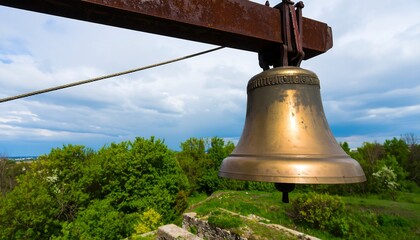 Fototapeta premium A large, brass bell hangs from a rusty metal beam against a backdrop of lush greenery and a wide view.