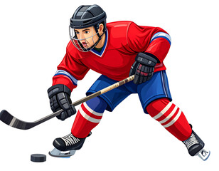  Dynamic Ice Hockey Player in Action Pose with Stick and Puck, PNG Illustration on Transparent Background