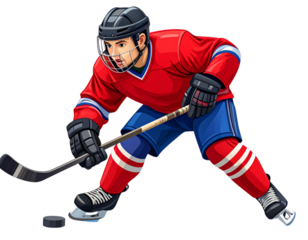  Dynamic Ice Hockey Player in Action Pose with Stick and Puck, PNG Illustration on Transparent Background