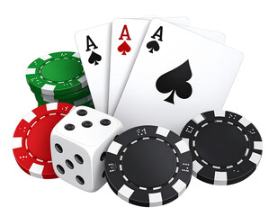  Stack of Poker Chips, Dice, and Playing Cards in Dynamic Scatter, Gambling Set PNG on Transparent Background