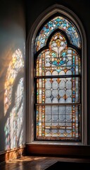 Sunlight streams through a stained glass window, casting a colorful shadow on a wall