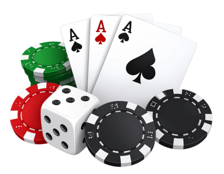  Stack of Poker Chips, Dice, and Playing Cards in Dynamic Scatter, Gambling Set PNG on Transparent Background