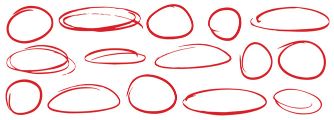 Hand drawn red pen highlight round oval frame set. Handwritten red marker, pencil scribble stroke line oval frame. Brush round frame highlight. Grunge scratch style set. Vector stock illustration